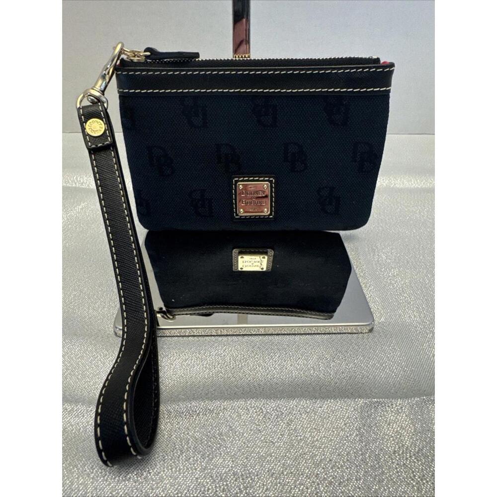 Dooney & Bourke Small Black Logo Keychain Red Lining Wristlet